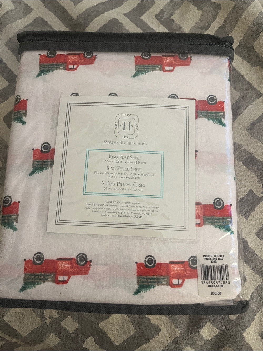 NWT Modern Southern Home King Sheet Set with Red Truck Motif